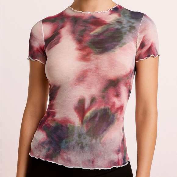Adrienne Landau Tops - Adrienne Landau Bold Peacock Watercolor Semi Sheer Short Sleeve Top NWOT Size S